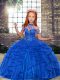 Blue Tulle Lace Up Little Girls Pageant Dress Wholesale Sleeveless Floor Length Beading and Ruffles