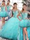 Artistic Aqua Blue Tulle Lace Up Off The Shoulder Sleeveless Floor Length Quinceanera Gown Beading and Ruffles