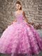 Fine Sleeveless Floor Length Beading and Ruffled Layers Lace Up Ball Gown Prom Dress with Pink Court Train