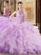 Fantastic Lilac Halter Top Lace Up Beading and Ruffles Sweet 16 Quinceanera Dress Brush Train Sleeveless