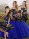 Hot Selling Off The Shoulder Sleeveless Quinceanera Dresses Floor Length Embroidery Royal Blue Tulle