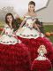 Sophisticated Organza Off The Shoulder Sleeveless Lace Up Embroidery and Ruffled Layers Quinceanera Gown in Wine Red