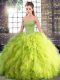 Floor Length Lace Up 15th Birthday Dress Yellow Green for Military Ball and Sweet 16 and Quinceanera with Beading and Ruffles