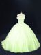 Custom Design Off The Shoulder Sleeveless Court Train Lace Up Quinceanera Gown Yellow Green Tulle