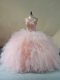 Smart Sleeveless Beading and Ruffles Lace Up Ball Gown Prom Dress with Pink Brush Train