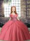 Super Floor Length Lace Up Child Pageant Dress Watermelon Red for Party and Sweet 16 and Wedding Party with Beading