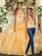 Gold Halter Top Neckline Beading and Ruffles Ball Gown Prom Dress Sleeveless Backless
