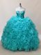 Aqua Blue Fabric With Rolling Flowers Sweetheart Sleeveless Floor Length Sweet 16 Dresses Ruffles and Sequins