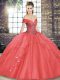 Fine Watermelon Red Lace Up 15th Birthday Dress Beading and Ruffles Sleeveless Floor Length