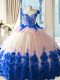 Blue And White Ball Gowns Tulle Scoop Sleeveless Hand Made Flower Zipper 15th Birthday Dress Brush Train