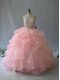 Peach Two Pieces Organza Halter Top Sleeveless Beading and Ruffles Backless Ball Gown Prom Dress