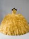 Fashionable Gold Organza Zipper High-neck Sleeveless Floor Length Vestidos de Quinceanera Beading and Ruffles