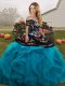 Pretty Tulle Off The Shoulder Sleeveless Lace Up Embroidery and Ruffles Ball Gown Prom Dress in Teal