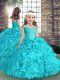 Hot Selling Floor Length Ball Gowns Sleeveless Aqua Blue Evening Gowns Lace Up
