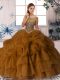 Exceptional Scoop Sleeveless Quince Ball Gowns Brush Train Beading and Pick Ups Brown Organza