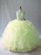 Custom Design Sleeveless Organza Brush Train Backless Sweet 16 Dresses in Yellow Green with Beading and Ruffles
