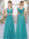 Smart Teal V-neck Neckline Beading and Belt Dama Dress Sleeveless Lace Up