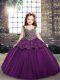 Sleeveless Floor Length Beading and Appliques Lace Up Little Girls Pageant Gowns with Eggplant Purple