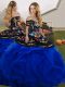 Floor Length Lace Up Ball Gown Prom Dress Blue And Black for Military Ball and Sweet 16 and Quinceanera with Embroidery and Ruffles Floor Length Lace Up Ball Gown Prom Dress Blue And Black for Military Ball and Sweet 16 and Quinceanera with Embroidery and Ruffles