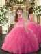 Gorgeous Tulle High-neck Sleeveless Backless Beading and Ruffles Little Girls Pageant Gowns in Rose Pink