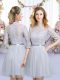 Grey High-neck Neckline Lace and Belt Quinceanera Dama Dress Half Sleeves Zipper