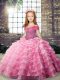 Rose Pink Organza Lace Up Kids Pageant Dress Sleeveless Brush Train Beading and Ruffled Layers