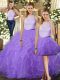 Superior Lavender High-neck Neckline Ruffles Sweet 16 Dress Sleeveless Backless