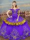 Dazzling Purple Ball Gowns Embroidery Quince Ball Gowns Lace Up Satin and Organza Sleeveless Floor Length