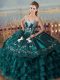 Peacock Green Sweetheart Neckline Embroidery and Ruffles 15th Birthday Dress Sleeveless Lace Up