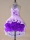 Satin and Organza Halter Top Long Sleeves Lace Up Embroidery and Ruffles Homecoming Dress in Purple