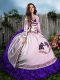 White And Purple Ball Gowns Sweetheart Sleeveless Satin Floor Length Lace Up Embroidery and Ruffles Quinceanera Gown