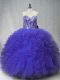 Sleeveless Tulle Floor Length Lace Up 15th Birthday Dress in Purple with Beading and Ruffles