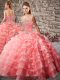 Fitting Watermelon Red Ball Gowns Organza Straps Sleeveless Beading and Ruffled Layers Lace Up Sweet 16 Dress Court Train