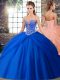 Chic Sweetheart Sleeveless Brush Train Lace Up Quince Ball Gowns Royal Blue Tulle