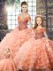 Sleeveless Beading and Ruffled Layers Lace Up Quinceanera Dress with Peach Brush Train