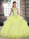 Sleeveless Tulle Floor Length Lace Up Quince Ball Gowns in Yellow with Lace and Embroidery and Ruffles