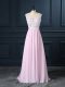 Baby Pink Chiffon Backless Prom Party Dress Cap Sleeves Floor Length Beading and Lace