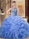 Cute Scoop Sleeveless 15 Quinceanera Dress Floor Length Beading and Ruffles Blue Organza
