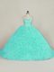 Aqua Blue Sweet 16 Dresses Fabric With Rolling Flowers Court Train Sleeveless Beading and Ruffles