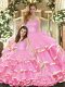 Sleeveless Organza Floor Length Lace Up Ball Gown Prom Dress in Rose Pink with Ruffled Layers
