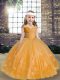 Gold Lace Up High School Pageant Dress Beading and Hand Made Flower Sleeveless Floor Length