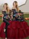 Excellent Off The Shoulder Sleeveless Sweet 16 Dresses Brush Train Embroidery and Ruffled Layers Wine Red Tulle