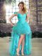 Classical High Low Aqua Blue Prom Dresses Off The Shoulder Sleeveless Lace Up