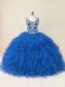 Blue Ball Gowns Beading and Ruffles Quinceanera Dresses Backless Tulle Sleeveless