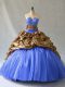 Brush Train Ball Gowns Quince Ball Gowns Blue V-neck Organza and Printed Sleeveless Lace Up