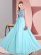 Aqua Blue Scoop Neckline Beading and Appliques Quinceanera Dama Dress Sleeveless Backless
