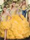 Edgy Gold Ball Gowns Sweetheart Sleeveless Organza Floor Length Lace Up Beading and Ruffles Quinceanera Gown