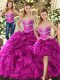 Sleeveless Floor Length Beading and Ruffles Lace Up Quinceanera Gowns with Fuchsia