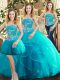 Aqua Blue Sleeveless Floor Length Beading and Ruffles Lace Up Quinceanera Gowns