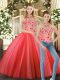 Coral Red Halter Top Lace Up Embroidery 15 Quinceanera Dress Sleeveless